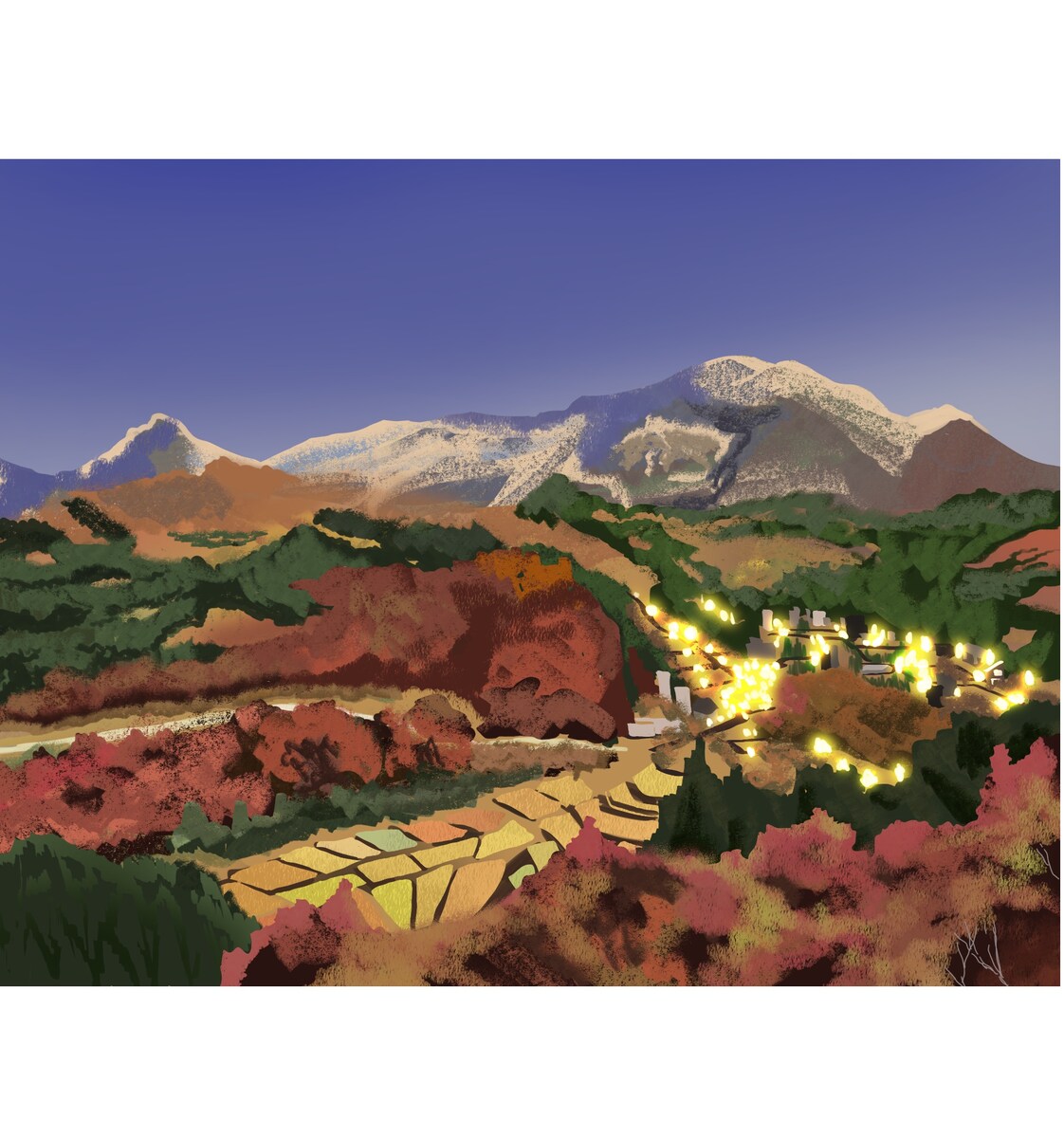 赤の山、村のフカンイラスト