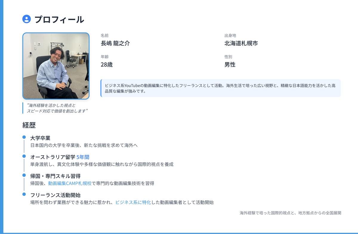 海外留学経験がある動画編集者様の営業資料作成