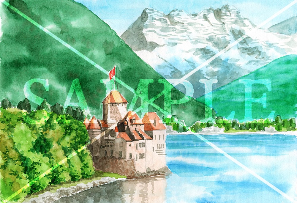 アナログ水彩レマン湖シヨン城の風景画