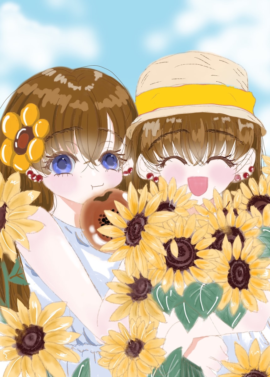 ひまわり畑とふたご姉妹