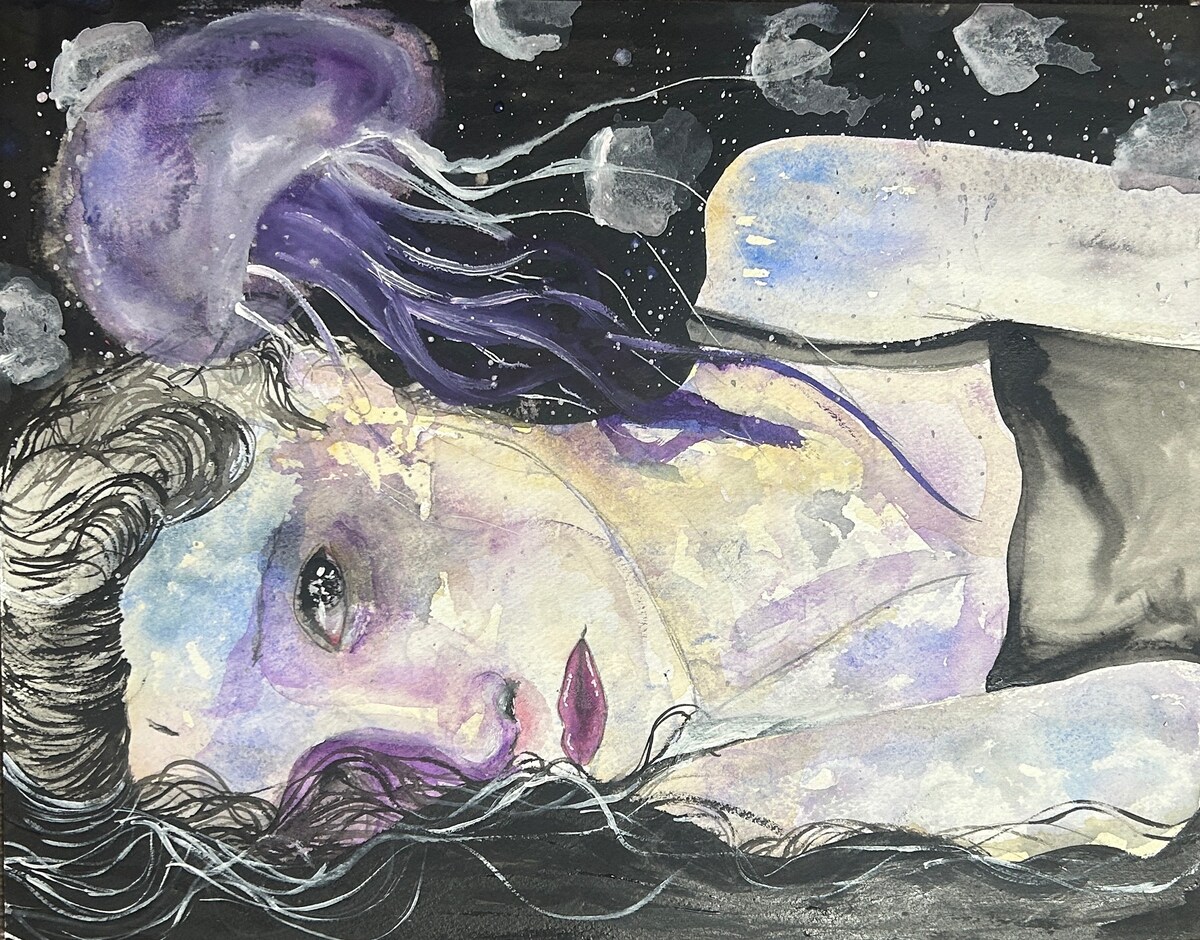 【水彩画】女性とクラゲ