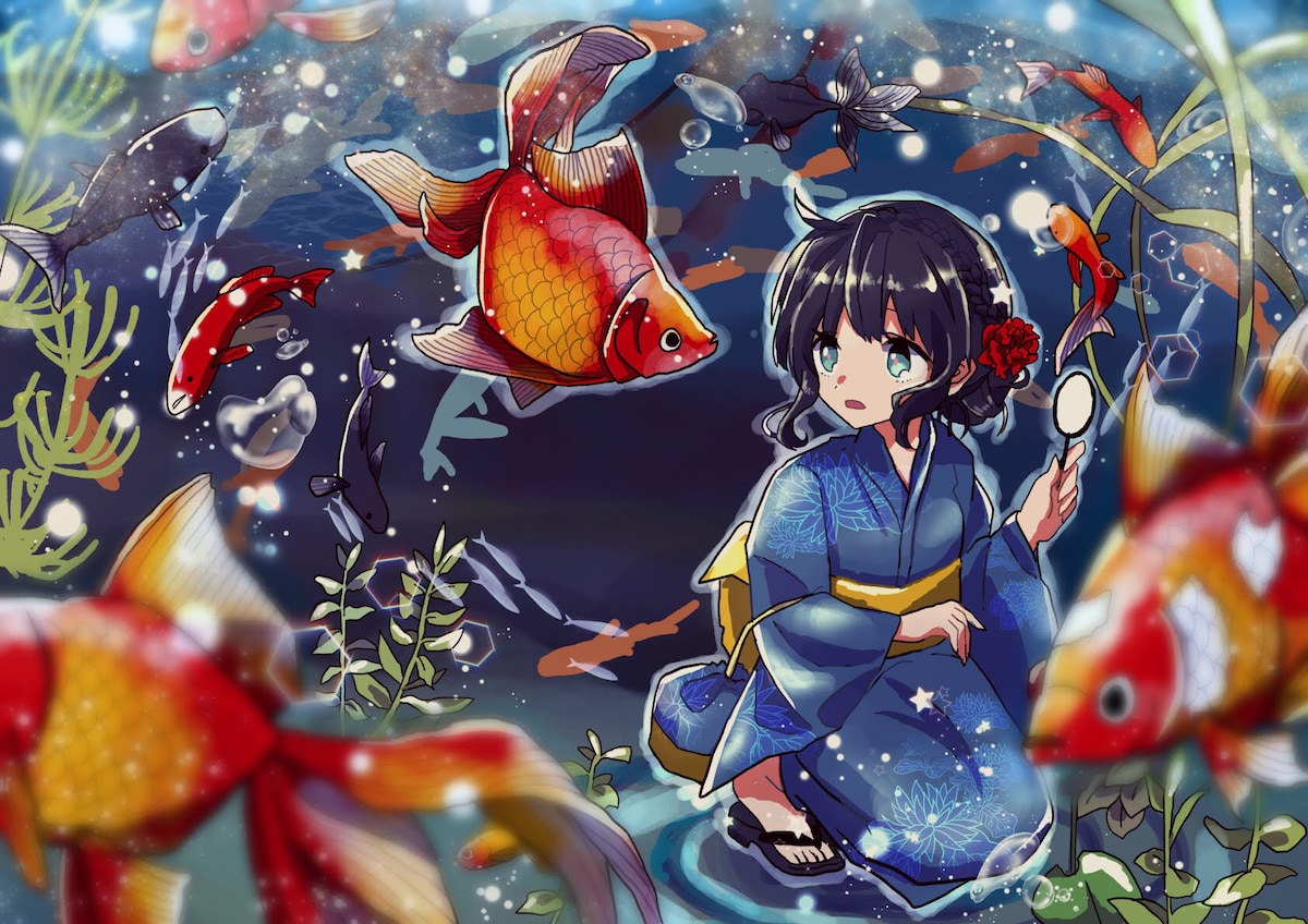 金魚と女の子のイラスト