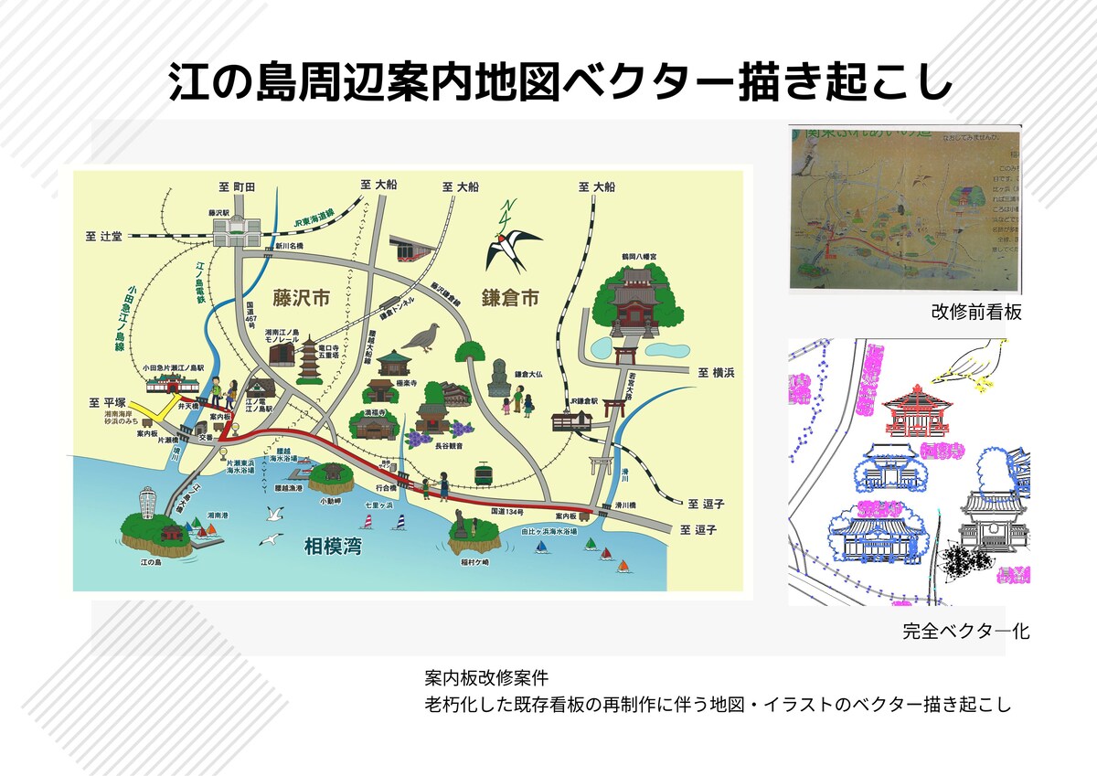 江の島周辺案内地図用イラストベクター描き起こし