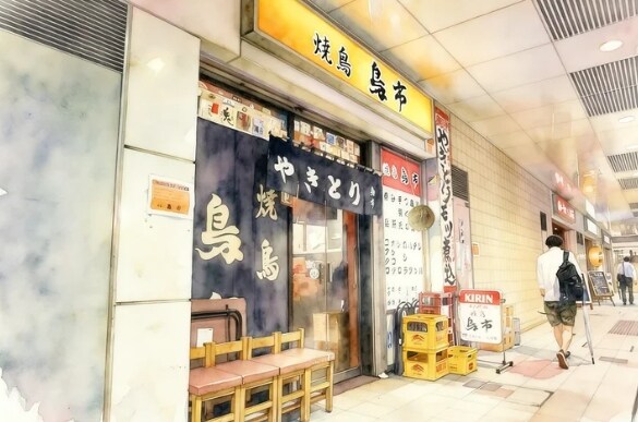 懐かしさと活気が同居する、水彩の焼き鳥店街