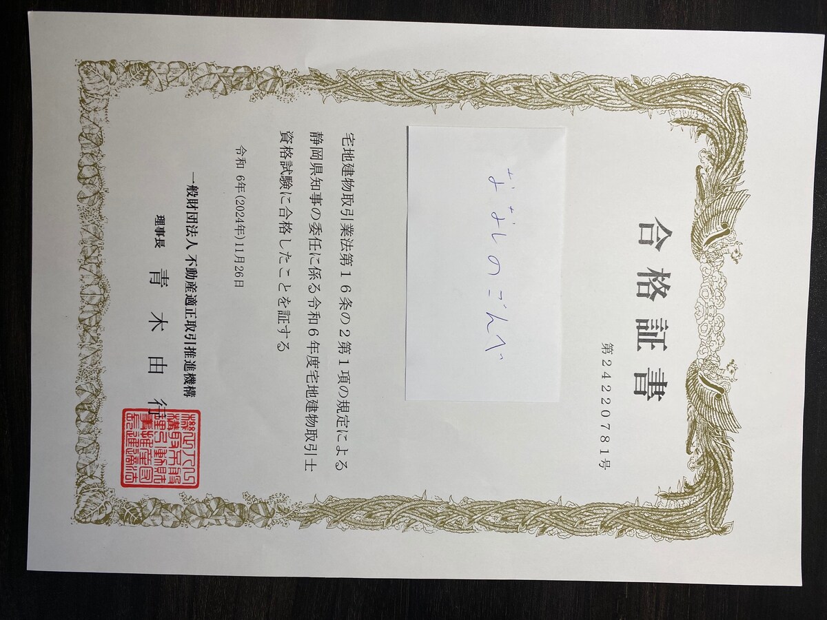 2024年宅地建物取引士資格試験合格証