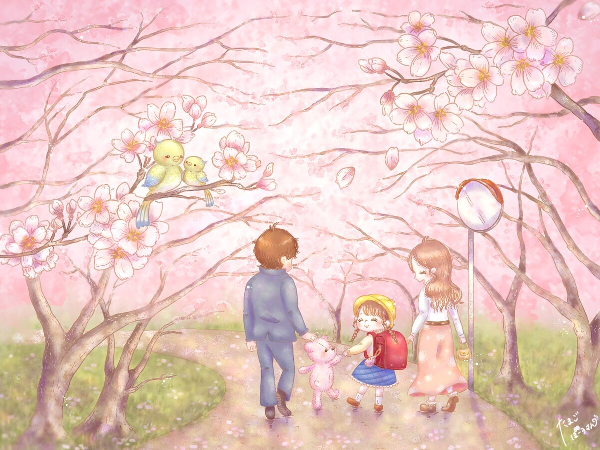 桜並木と幸せ家族