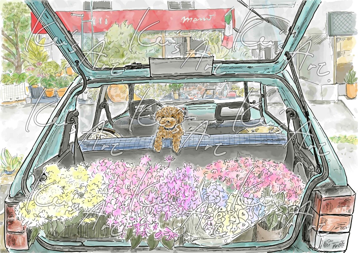 風景イラスト『お店の前にて、車と犬とお花』