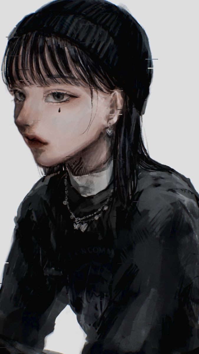 過去絵 黒髪ロングのビーニー女子