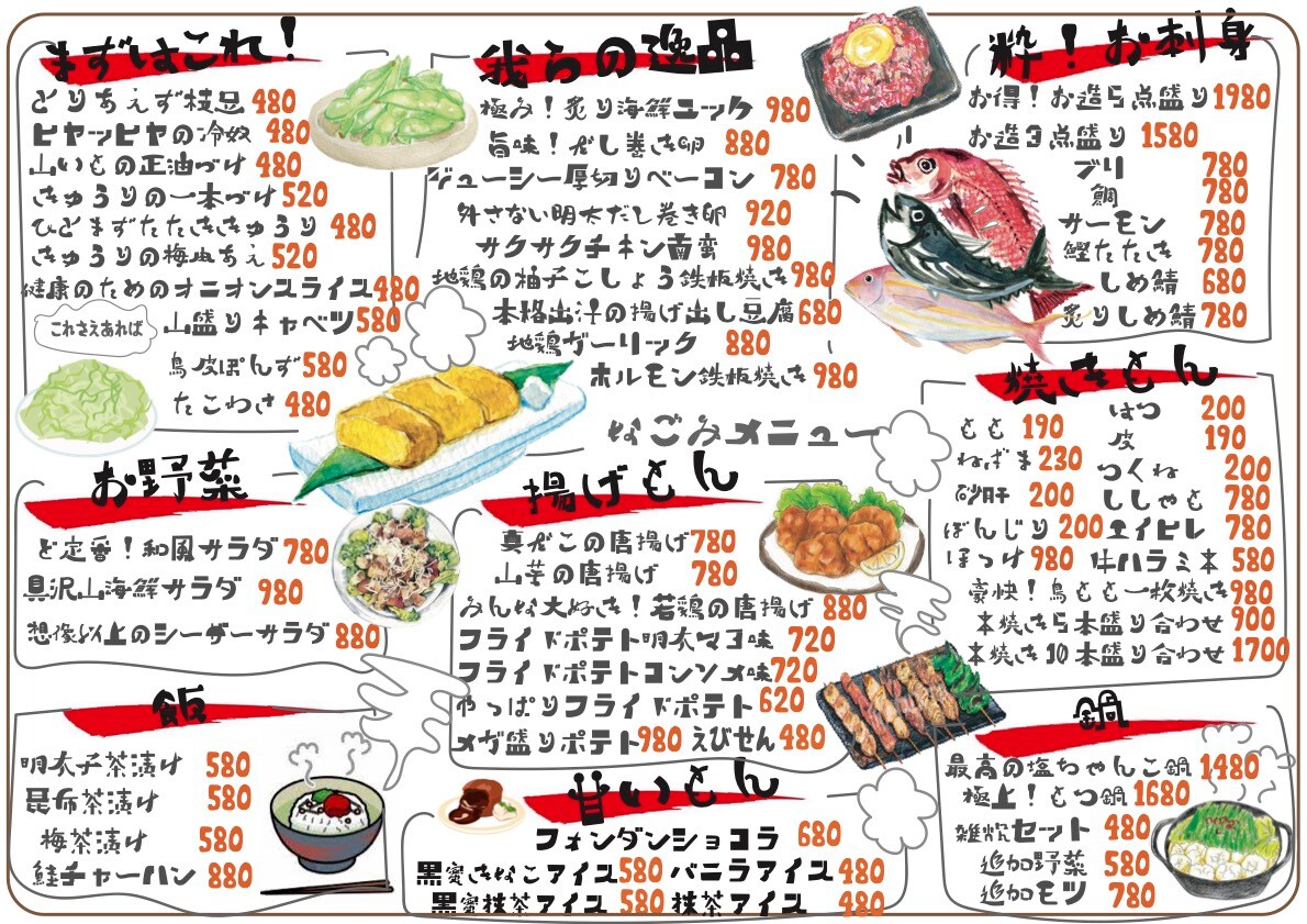 イラスト入り元気ありそうな居酒屋メニュー作成