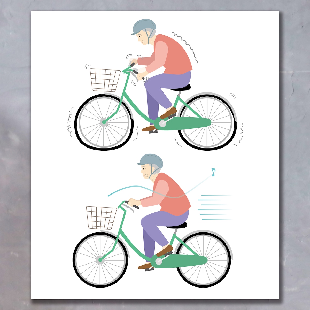 【図解イラスト】シニア向け自転車のタイヤとホイールの注意喚起