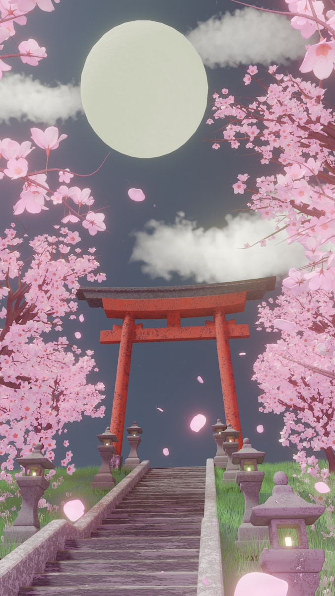 夜桜と鳥居 背景