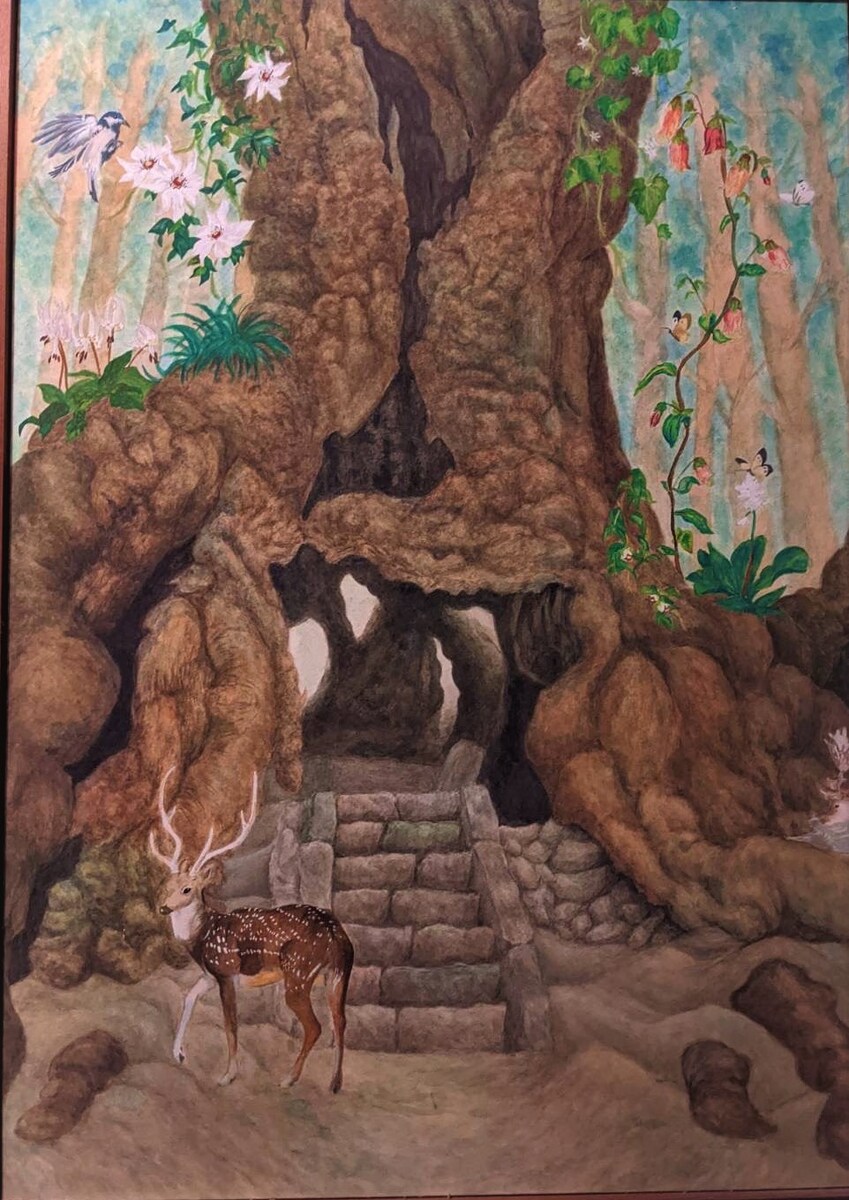 水彩画で描いた、クスノキの大木と森の仲間たち