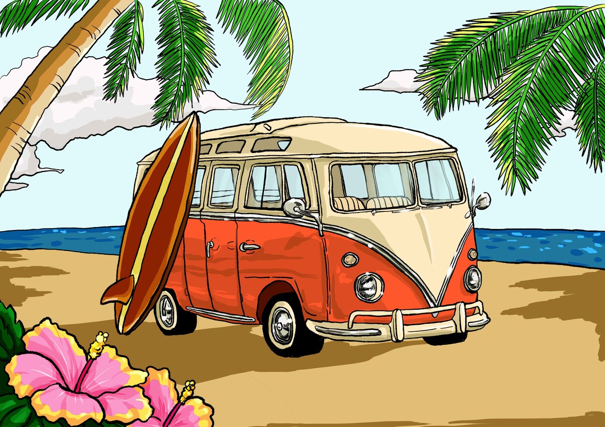 海と車のイラスト