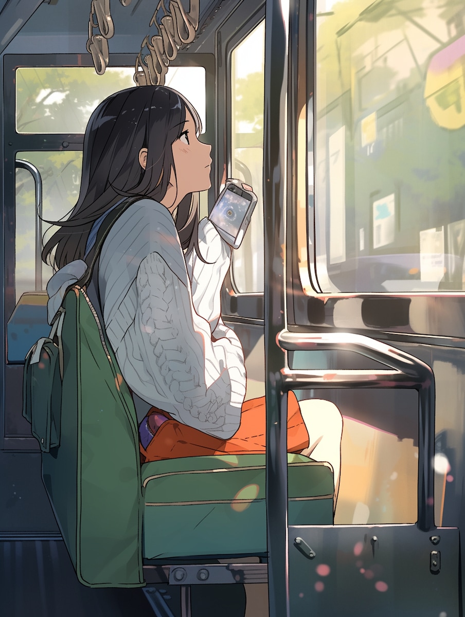 女の子がバスの窓から景色を眺める