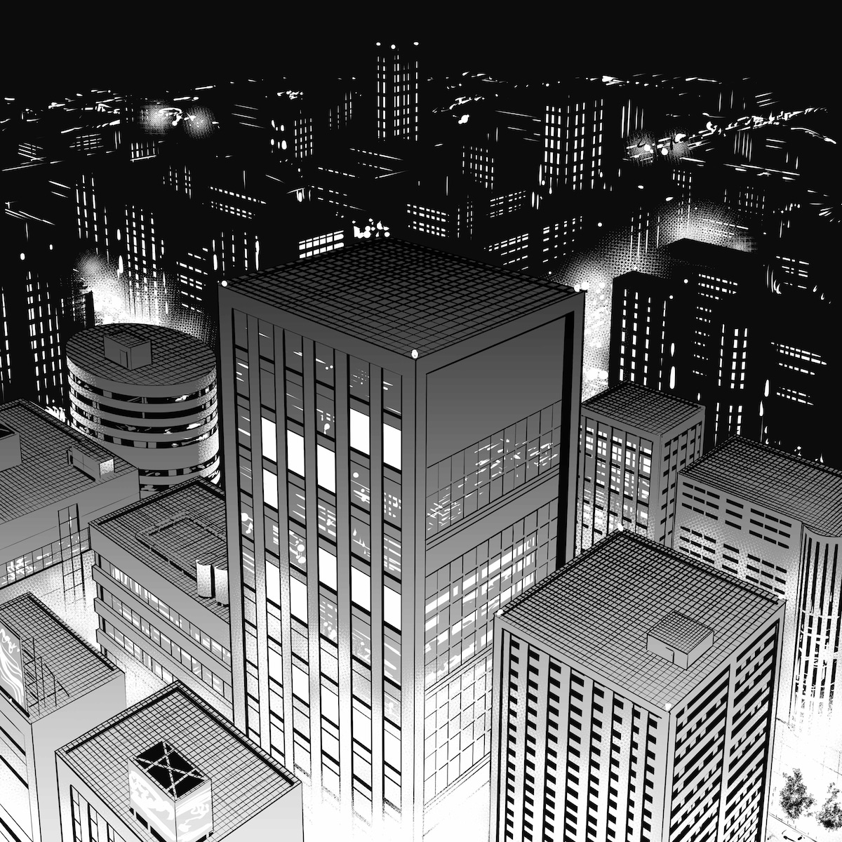 夜の絵 街 ビル アート イラスト 絵 海 夜景 水面 建物 夜 光