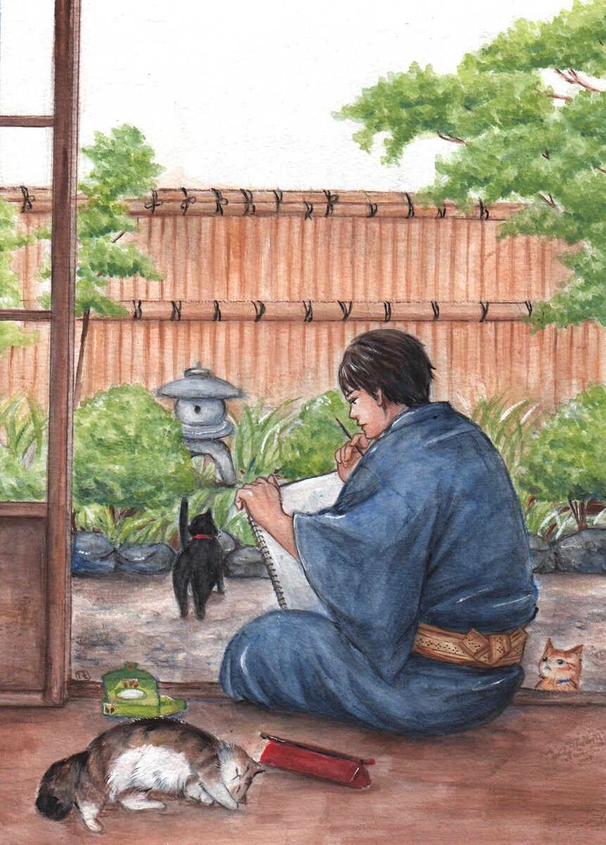 和服男性と猫　