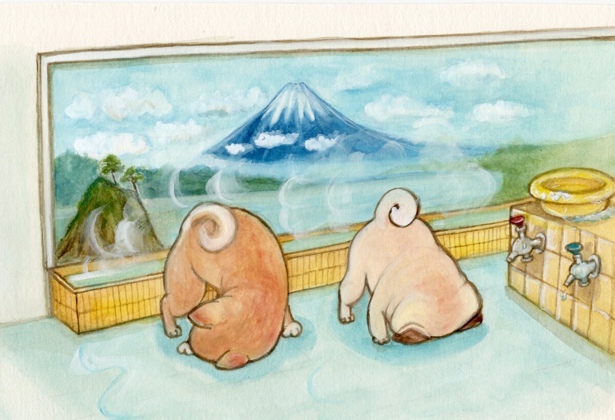銭湯で逆さ富士を見るわんこ達