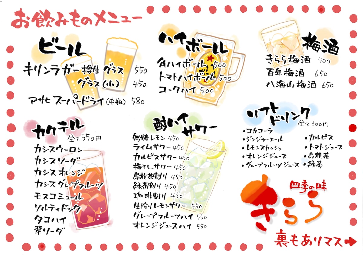 居酒屋さんのドリンクメニュー