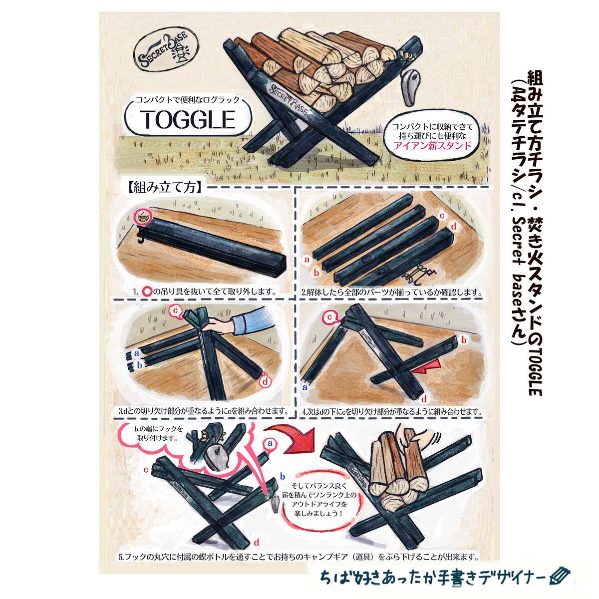 組み立て方チラシ・焚き火スタンドのTOGGLE