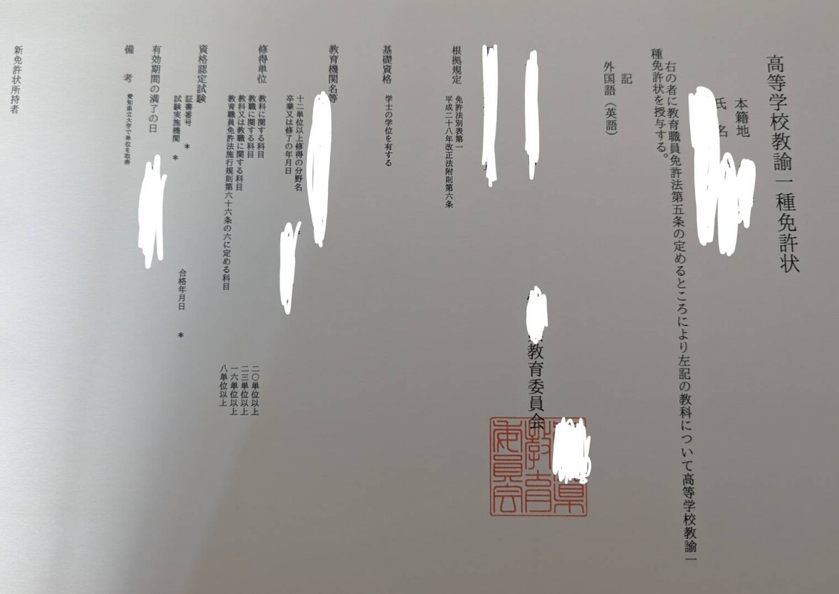 高等学校教諭一種免許状（英語）