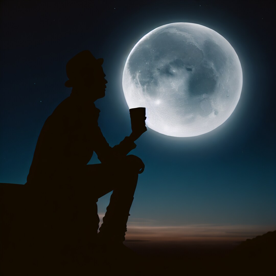 満月を見ながらコーヒーを飲む男性のシルエット