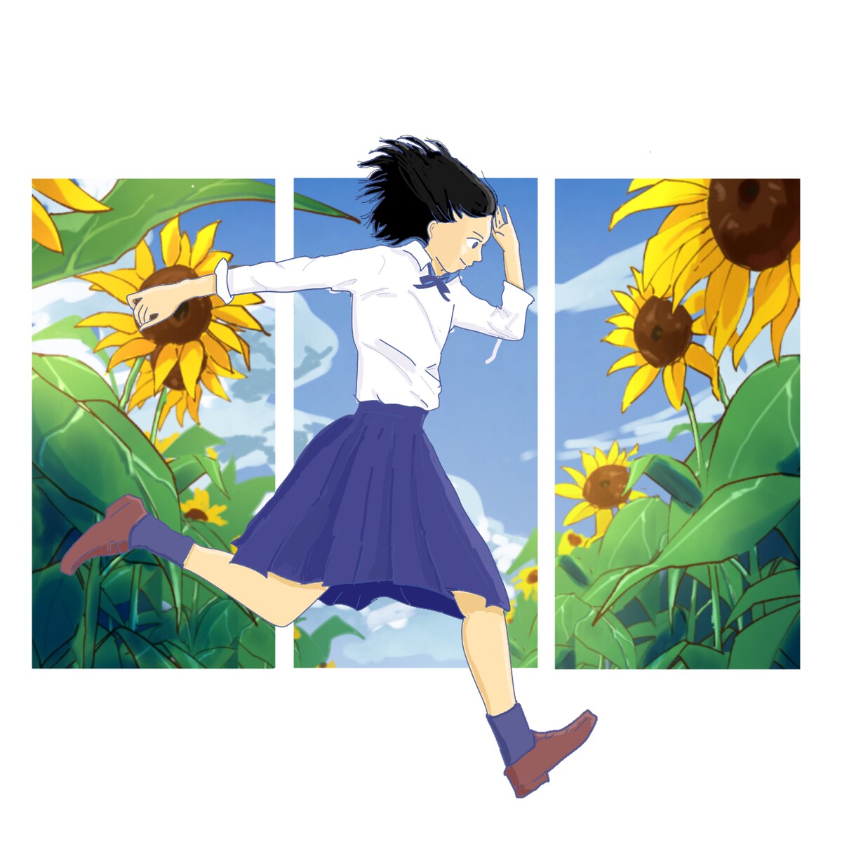 女子高生とひまわり