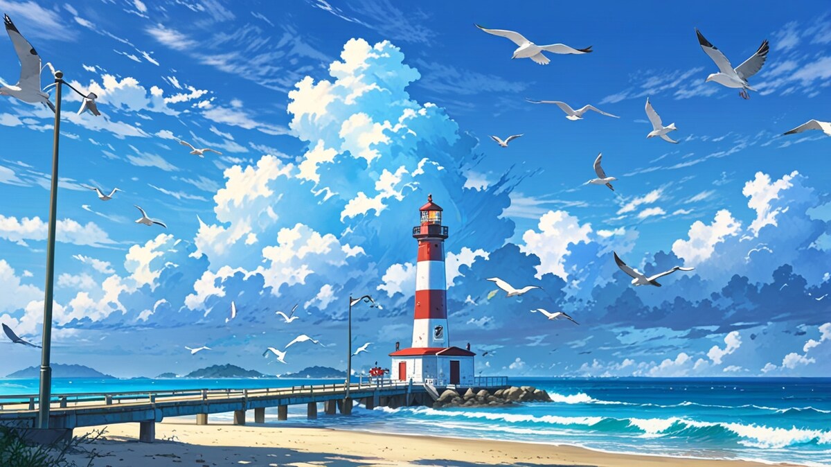 海鳥が飛ぶ灯台のある海の背景