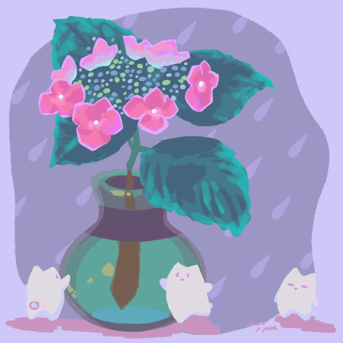 雨とピンクの紫陽花