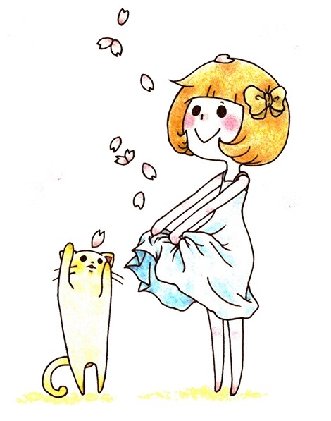 桜と猫と女の子