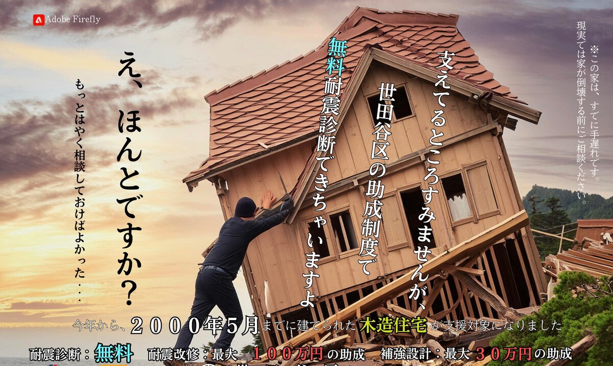 傾いている家を支えている男