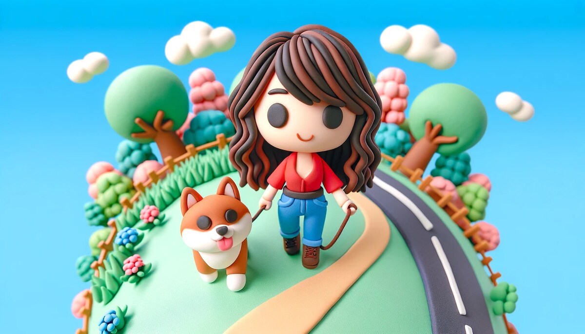 女性と柴犬惑星の上