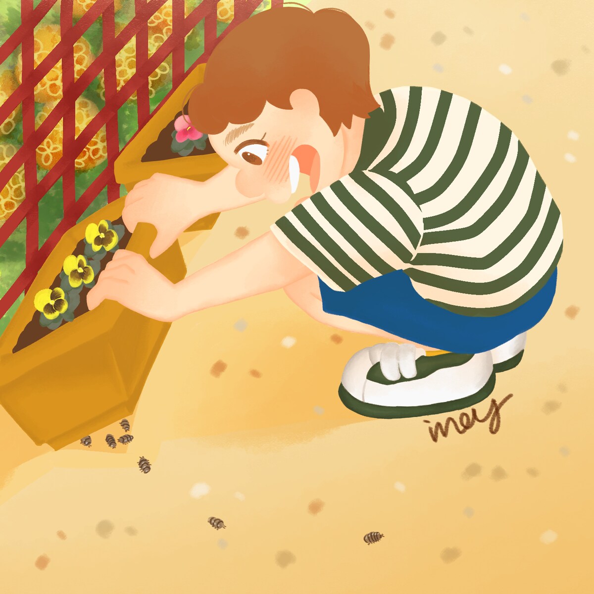 ダンゴムシを探す子どものイラスト