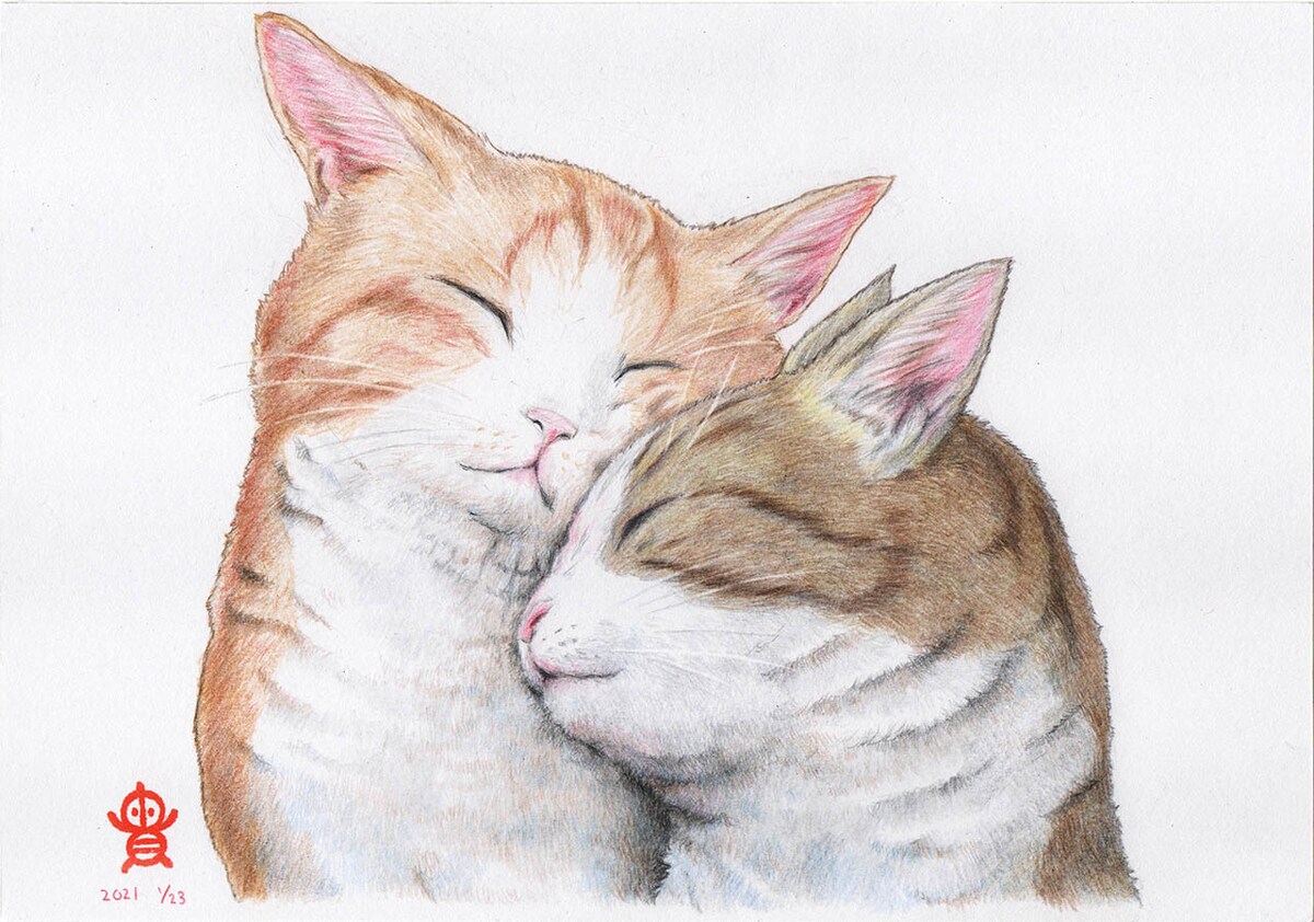 仲良しにゃんこ　色鉛筆画