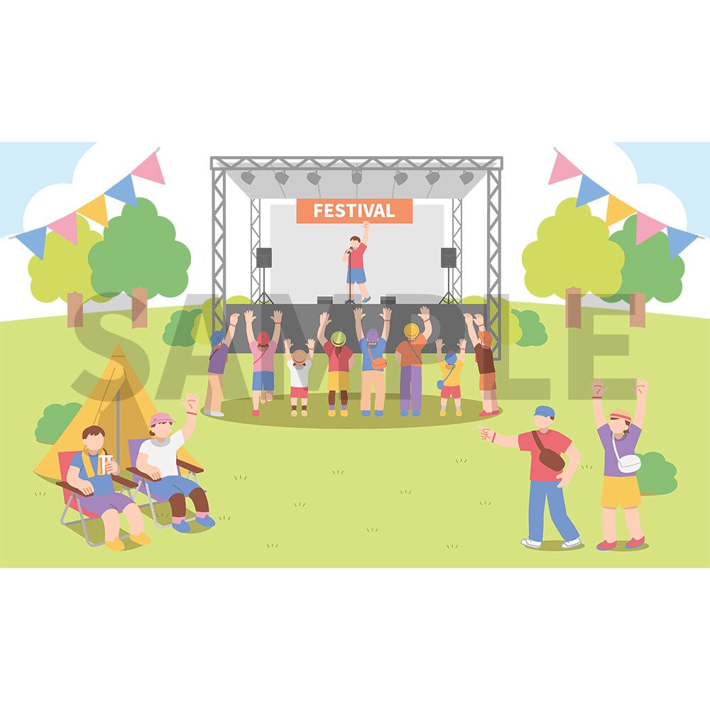 夏フェスを楽しむ人達の風景イラスト