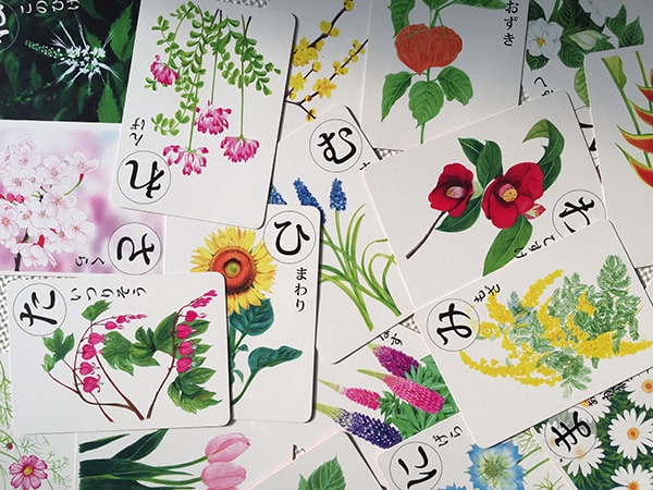 水彩色鉛筆で描いたお花のかるたの44種の花イラスト&デザイン